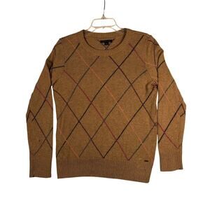 Tommy Hilfiger Mens Sweater Argyle Crewneck Brown Wool/Cotton Blend Distressed